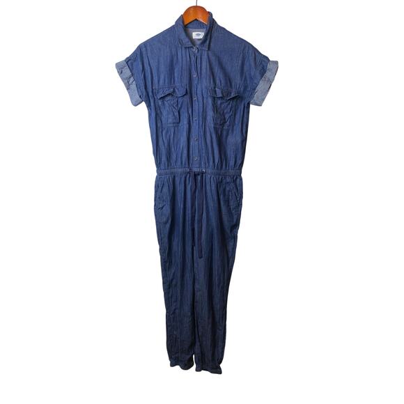 Old Navy Denim Chambray Jumpsuit | Utility Drawstring Waist Short Sleeve Small - Picture 1 of 9